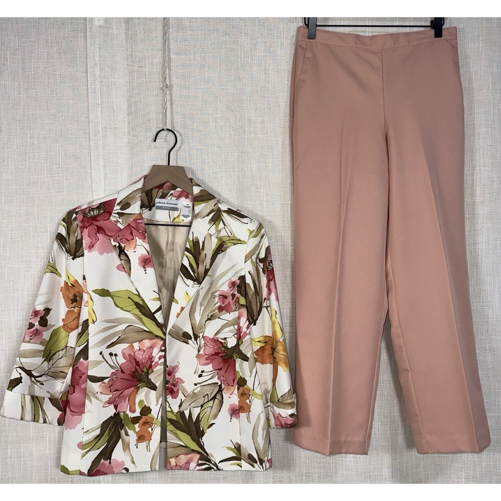 Alfred Dunner Women's Floral Tropical Suit Set Blazer 10P Jacket Pants 8P Peach